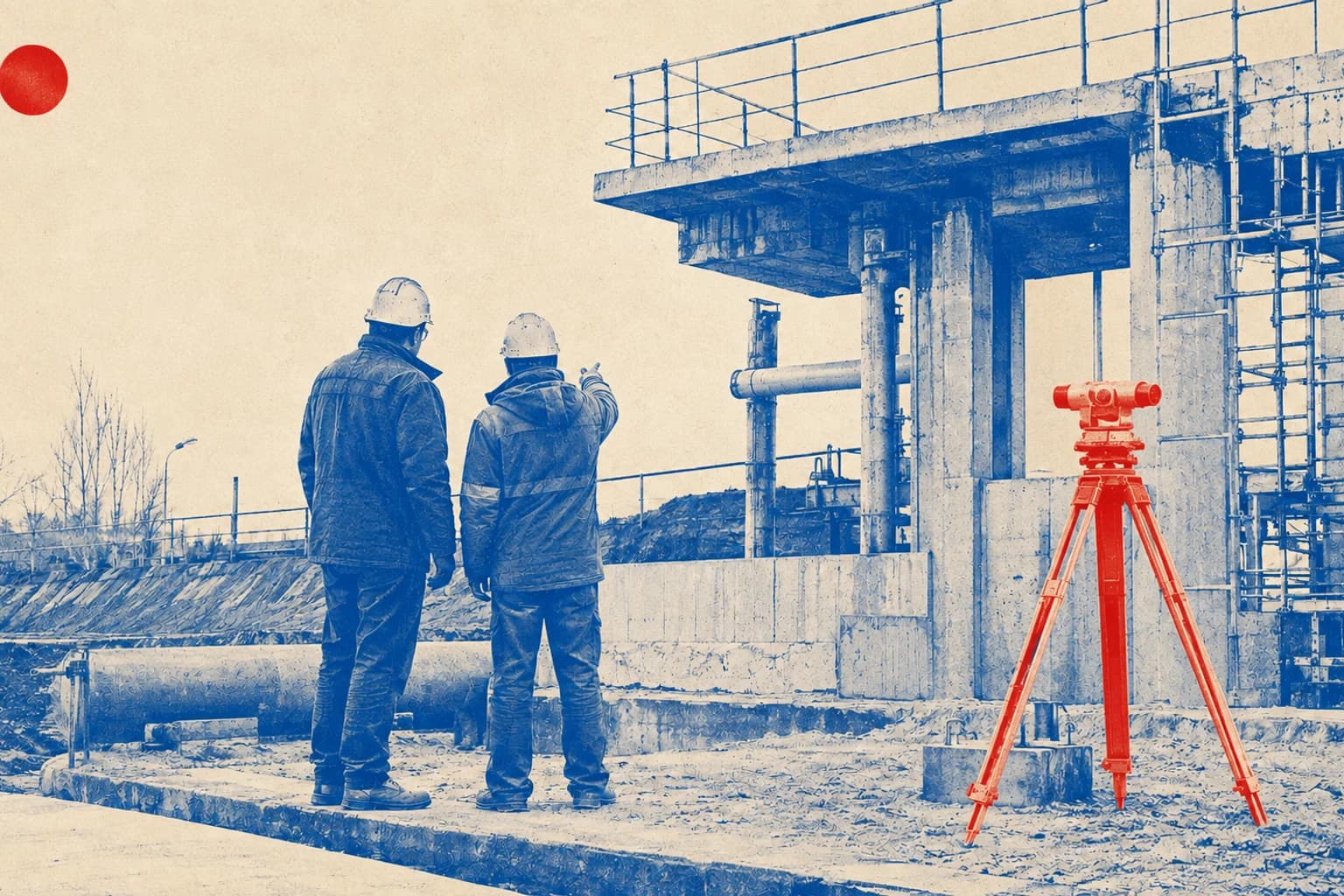 Two public-infrastructure professionals inspect reconstruction work beside a manual surveying level.
