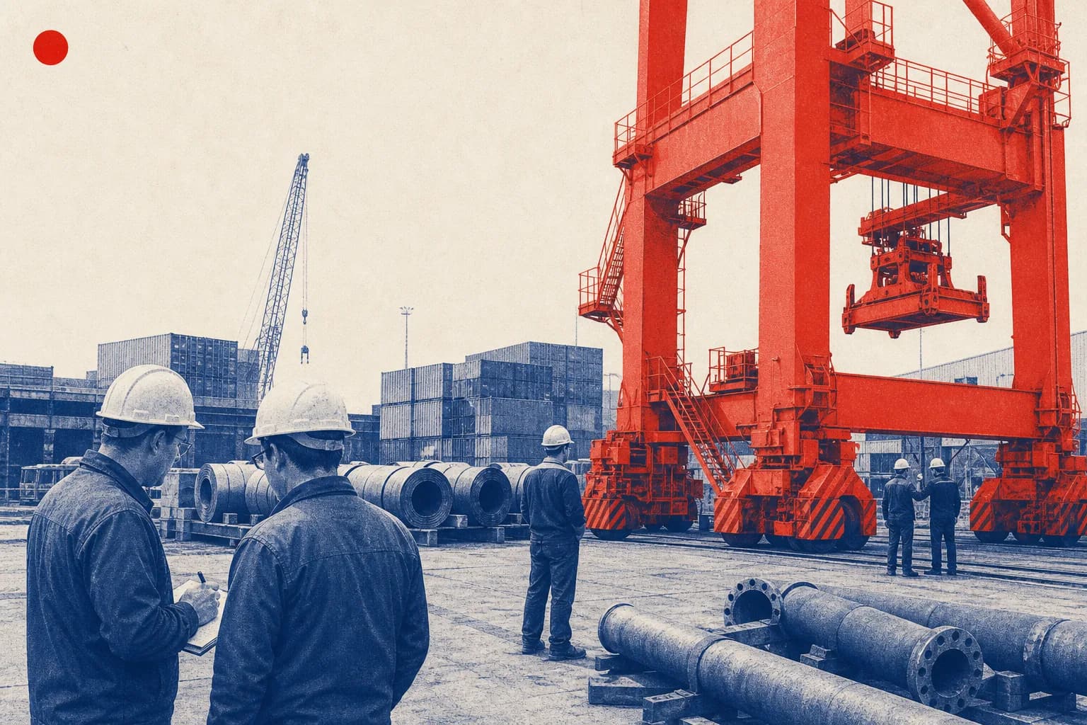 Editorial illustration of A large industrial crane or factory machine in an export-oriented facility for EU-Indonesia Investment Protection Agreement Decision