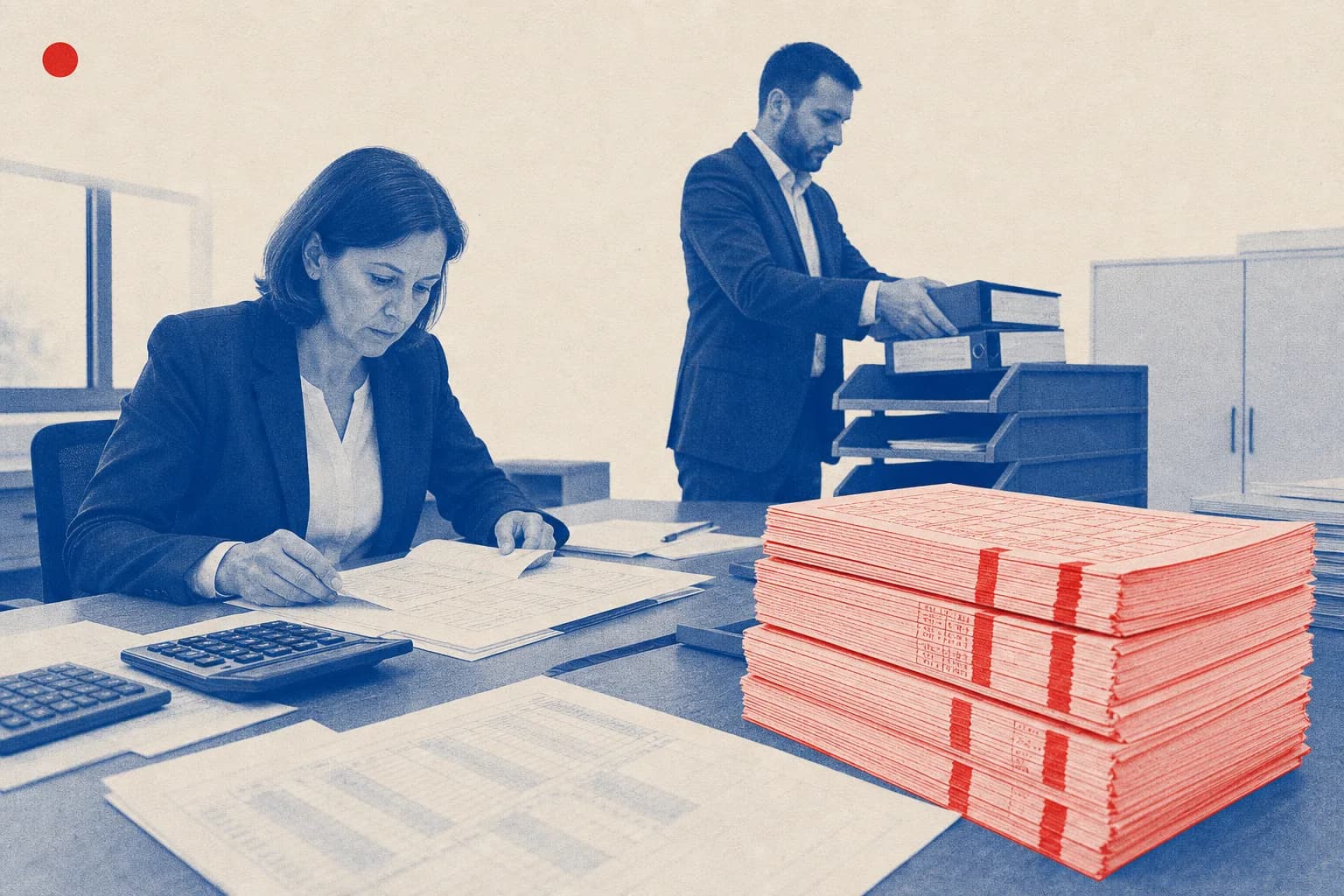 Editorial illustration of stack of budget ledgers for Council Decision on Bulgaria’s Excessive Deficit
