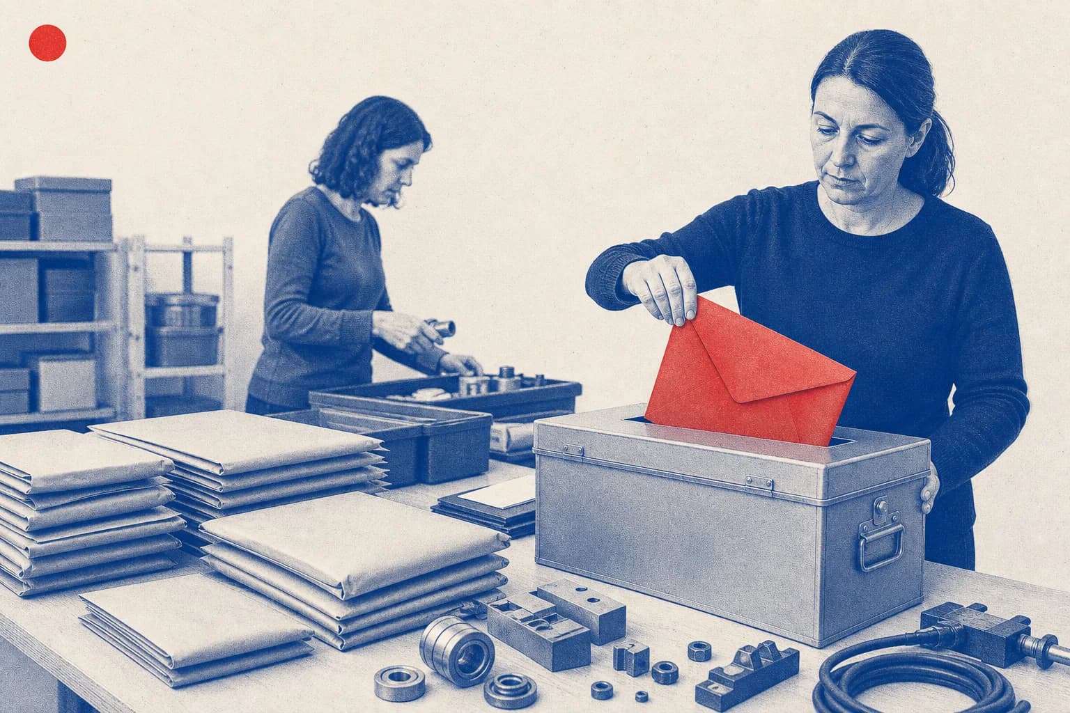 Editorial illustration of Sealed tender envelopes and a bid box on a procurement worktable for Council Decision on Transport Community procurement rules