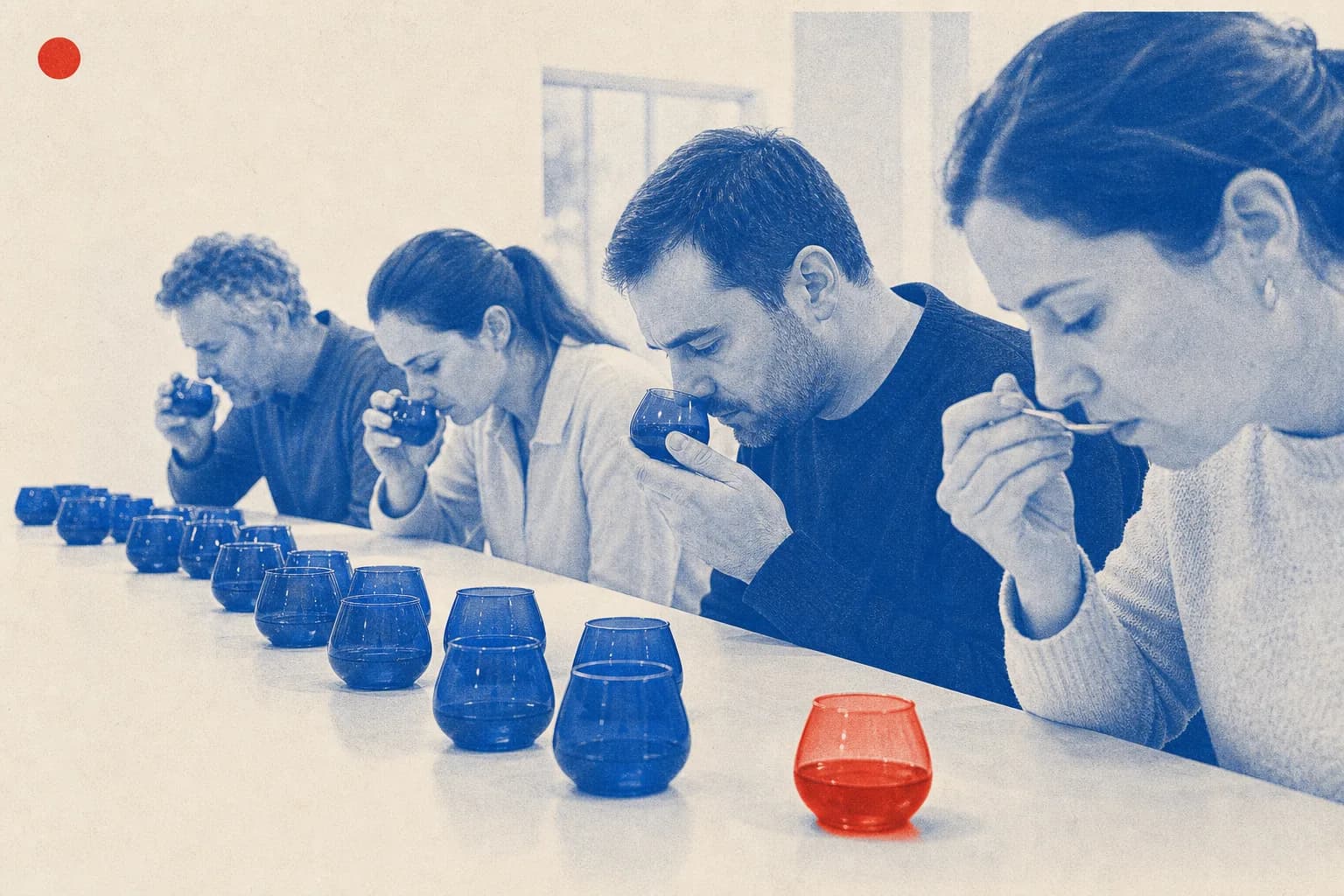 Editorial illustration of Small blue tasting glasses of virgin olive oil arranged for organoleptic assessment for Council Decision on virgin olive oil tasting method