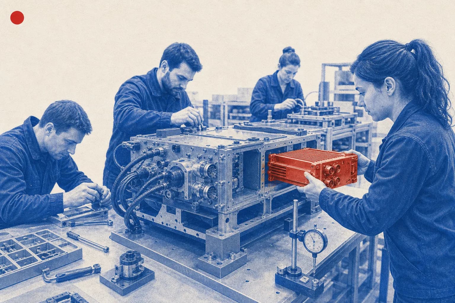 Editorial illustration of engineers and technicians assembling modular defence hardware on an industrial workbench for Council Implementing Decision on European Defence Projects of