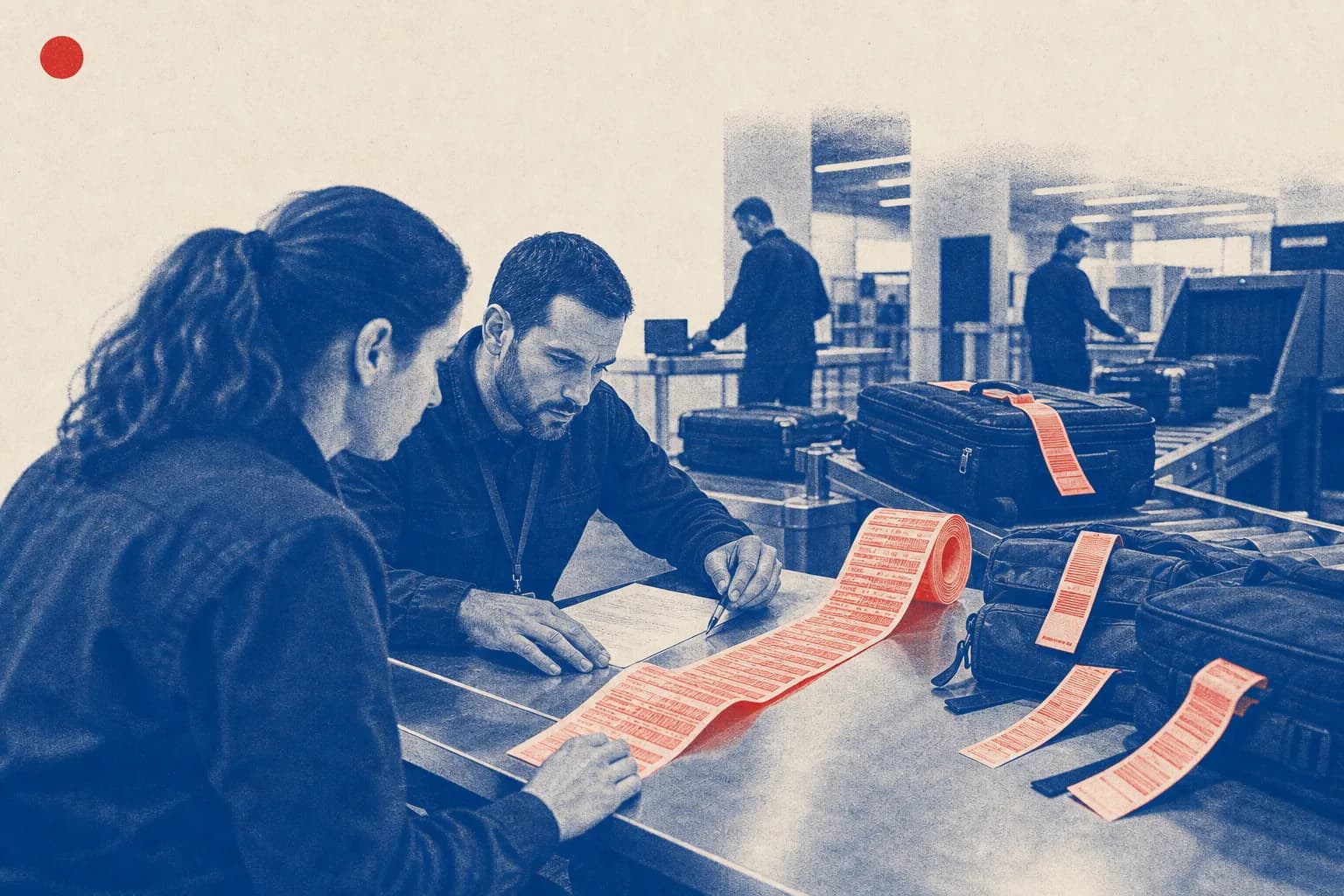 Editorial illustration of The printed passenger booking record strip and matching baggage tags on the desk, with luggage and investigators in the background. for EU–South Korea PNR