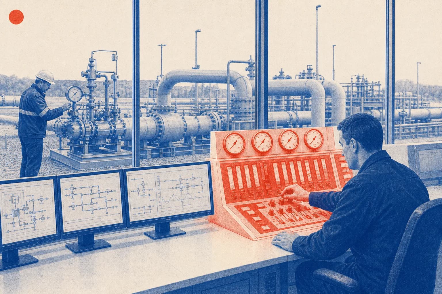 Editorial illustration of Industrial gas transmission infrastructure with control-room monitoring equipment and pressure/flow instrumentation for Council Decision on EEA Gas Balanc