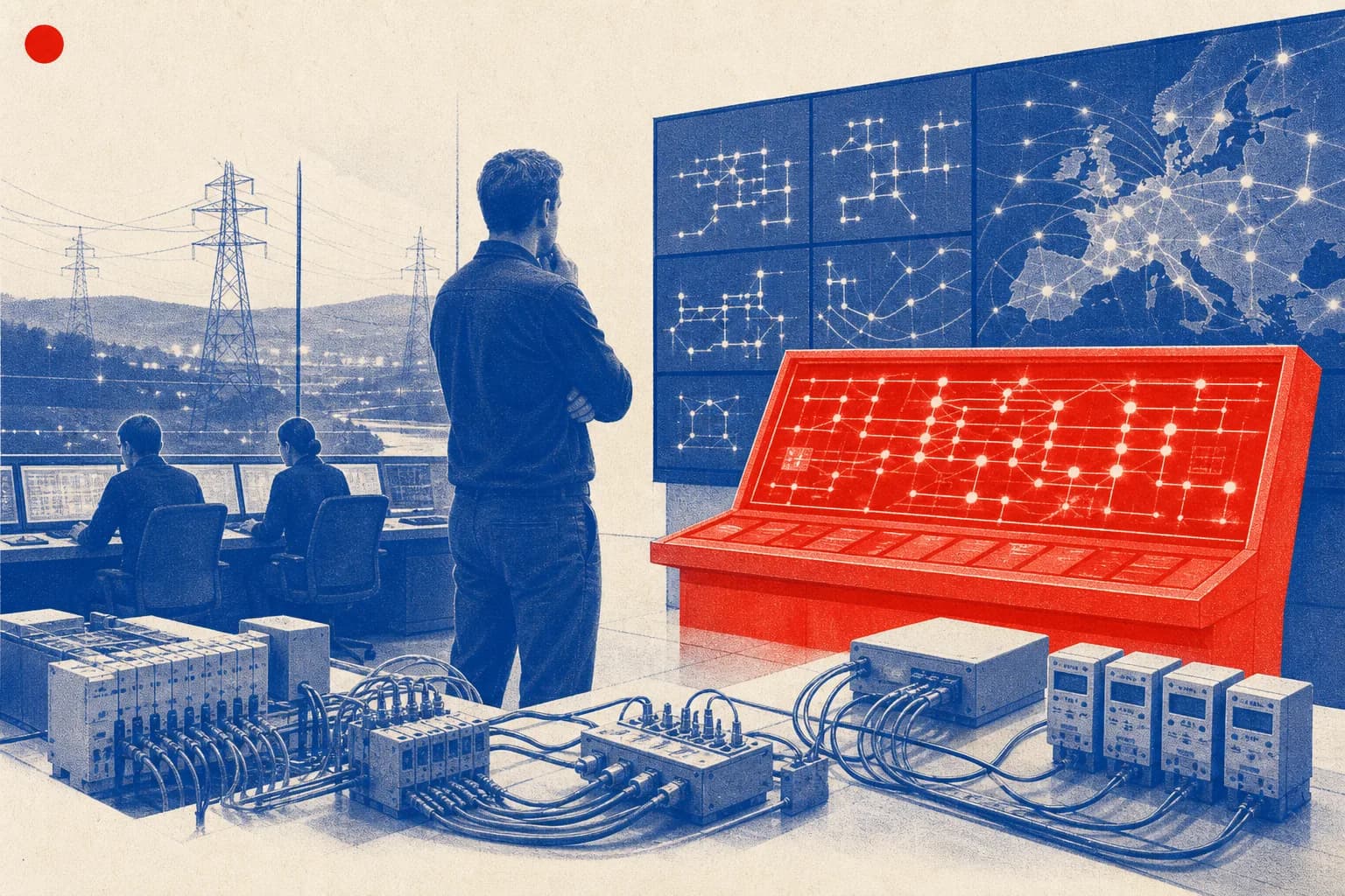 Editorial illustration of A red-highlighted grid data-interface console connected to transmission-control equipment for Network code on interoperability and data exchange rules