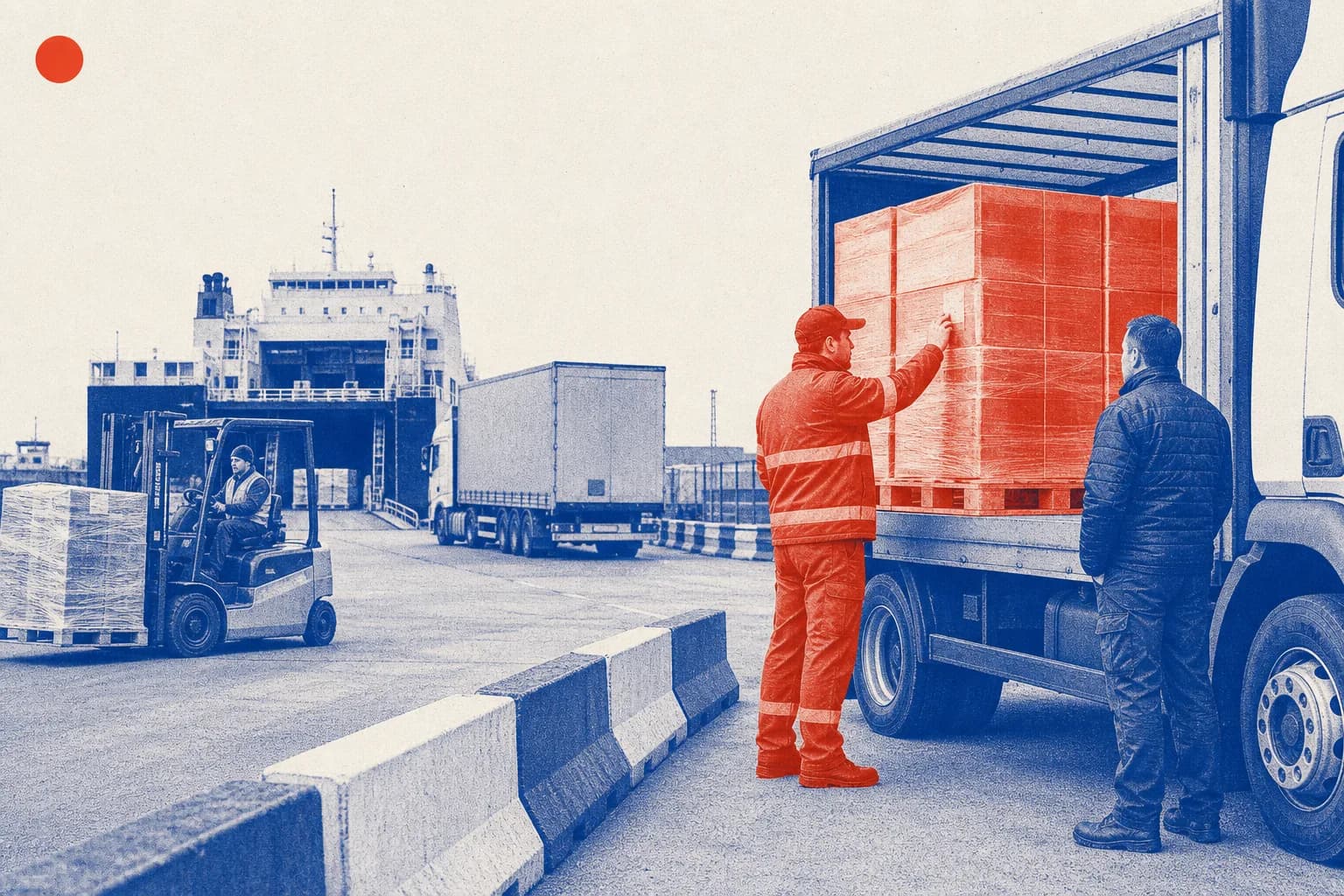 Editorial illustration of Palletized freight and inspection activity at a logistics terminal for Council Decision on EEA Agreement amendments