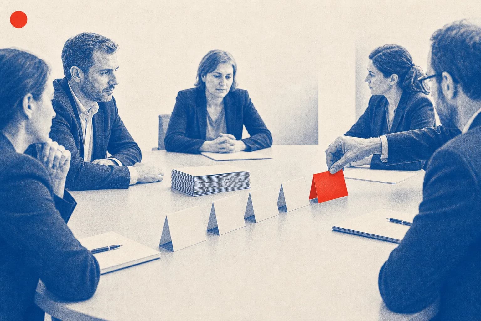 Editorial illustration of The ordered row of text-free name cards used to represent the arbitrators list. for Council Decision on Arbitrators List for SADC EPA