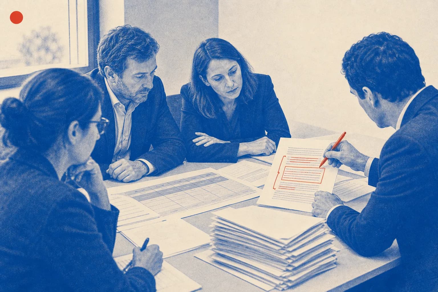 Editorial illustration of The marked-up annex page and supporting case files on the table. for Council Decision on the EU position in the Withdrawal Agreement Joint Committee