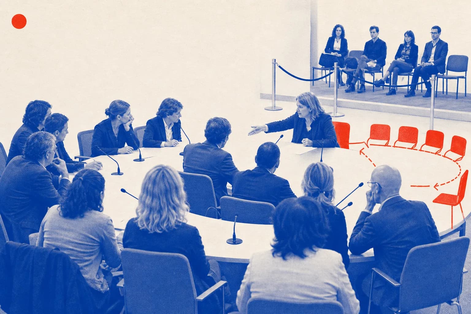 Editorial illustration of A meeting chair adjusting the seating and speaking order in a procedural committee session with a small observer area at the rear. for Council Decision on