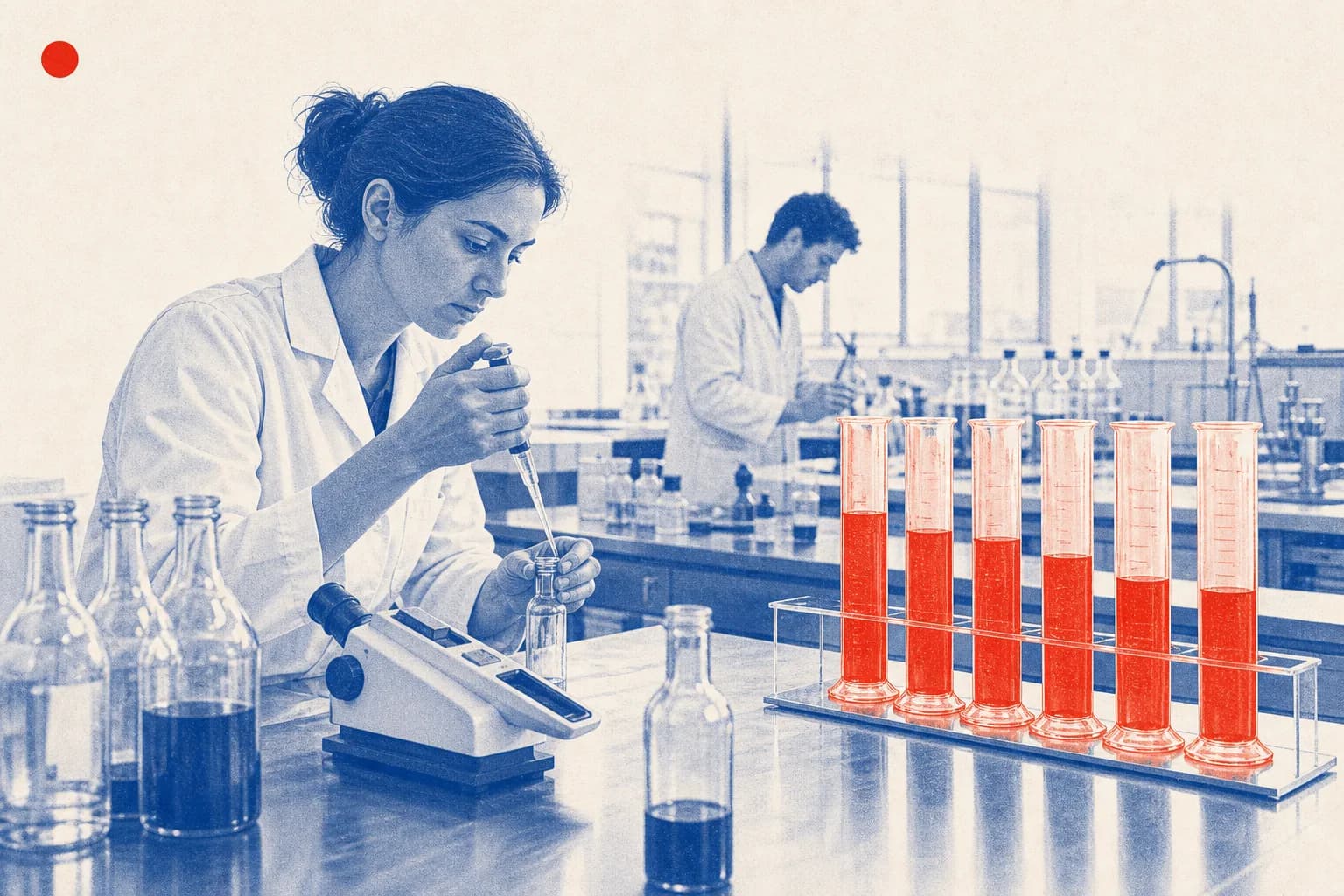 Editorial illustration of calibrated glass cylinders with grape must samples for Council Decision on the EU position in the OIV