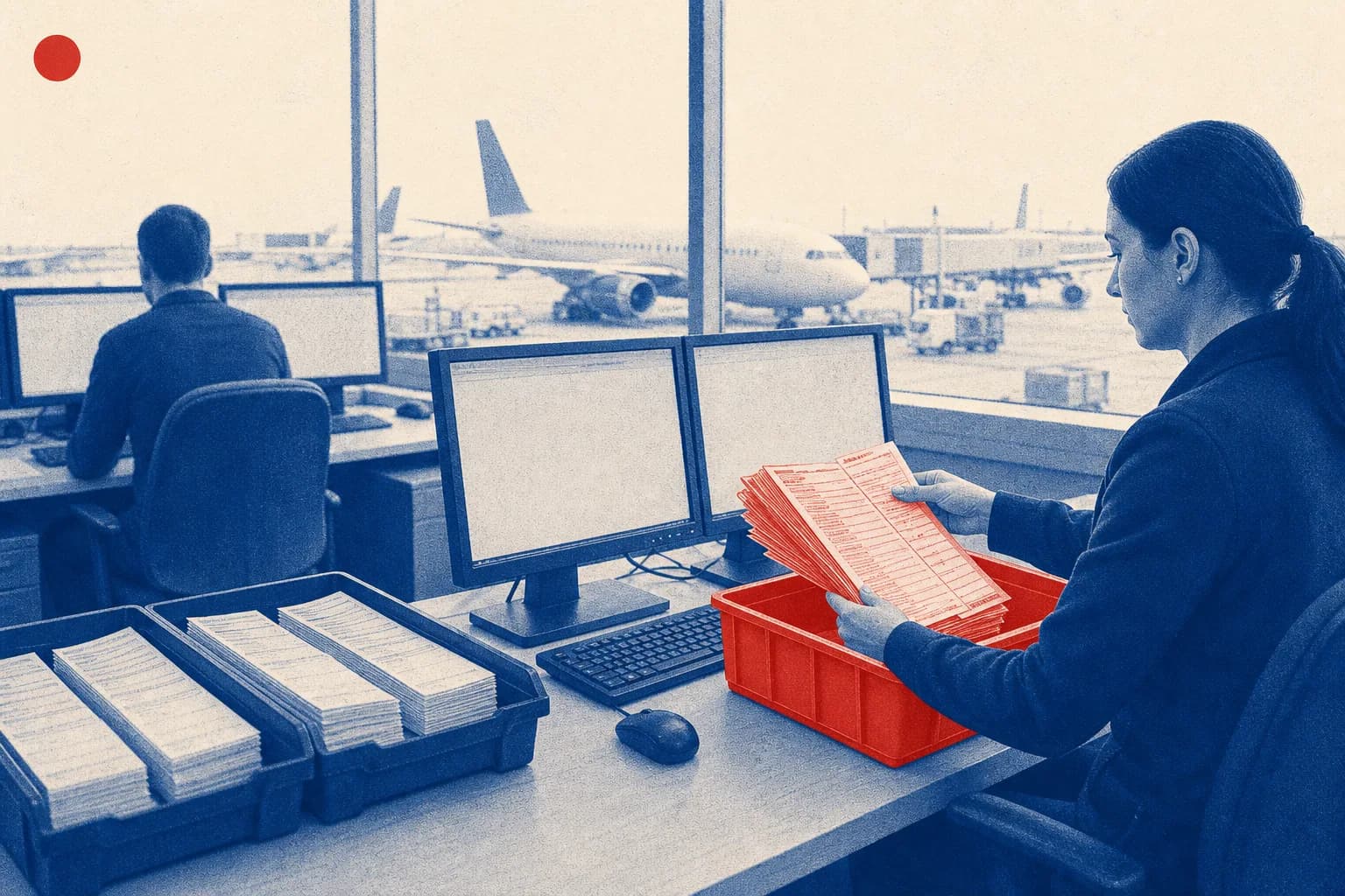 Editorial illustration of Anonymised passenger name record sheets and the secure transfer workflow at an airport data office. for EU-Korea PNR Data Transfer Agreement Signing Decis