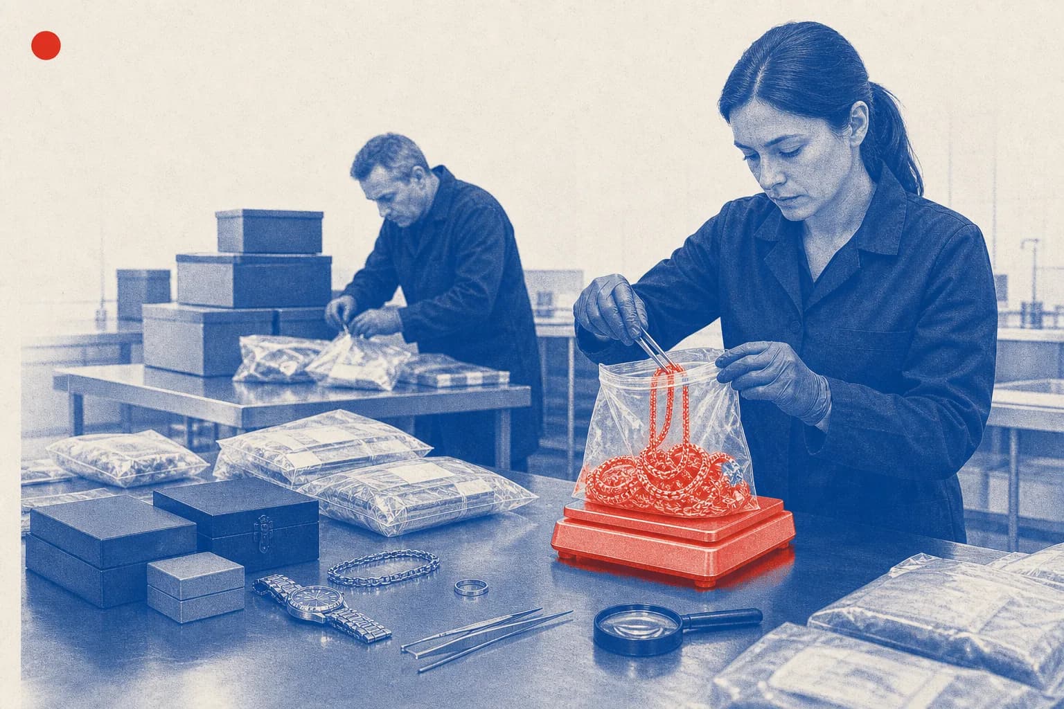 Editorial illustration of Seized jewelry, boxed valuables, and evidence-processing tools on a forensic table for Council Decision on signing an additional anti-money laundering pro