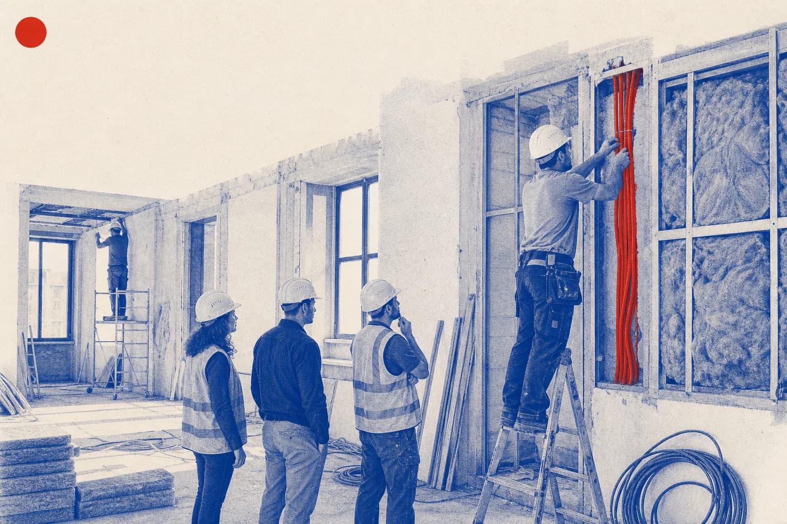 Editorial illustration of The renovation work itself: exposed infrastructure, installed materials, tools, and partially finished public-building interiors in Malta. for Malta Recov