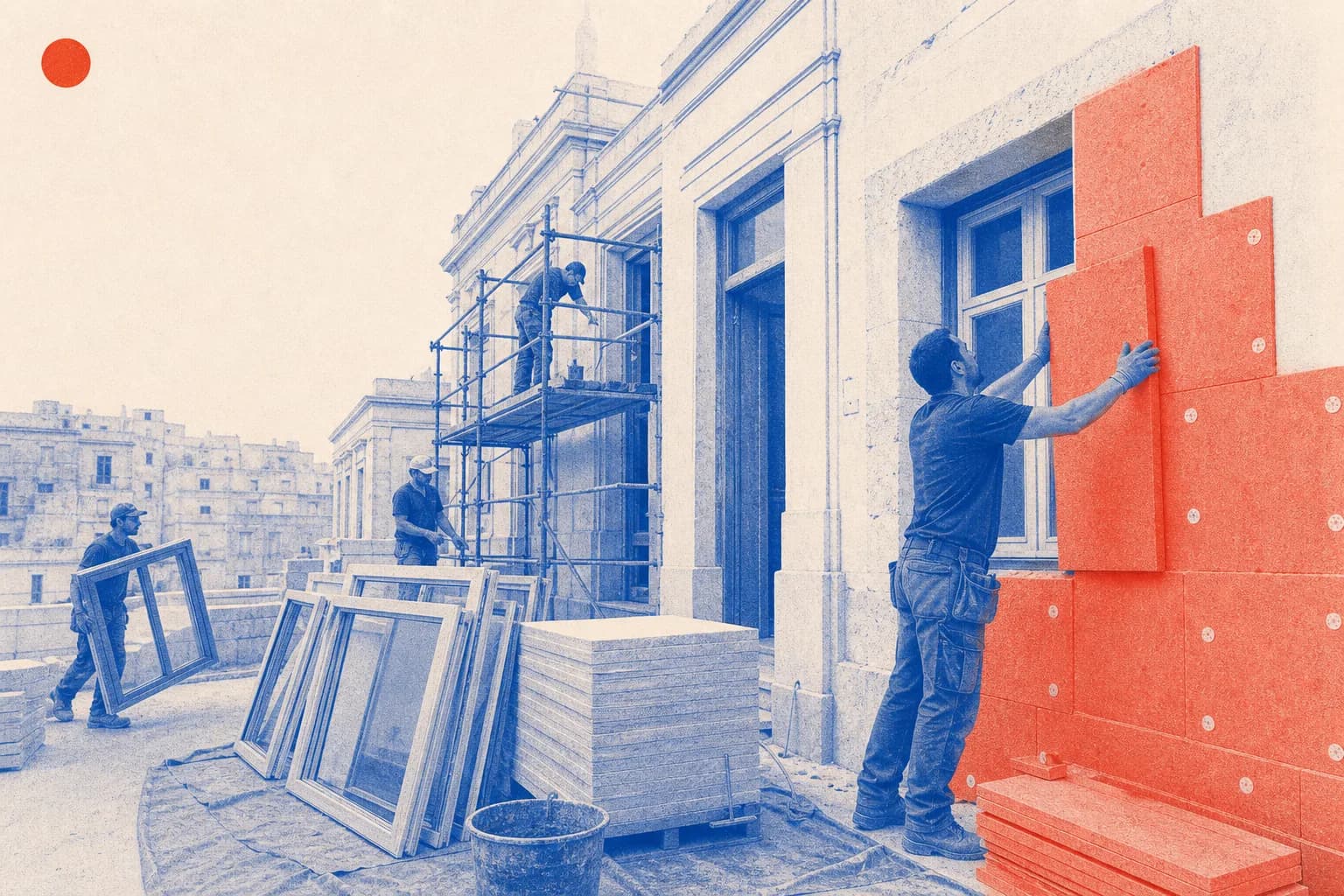 Editorial illustration of The building retrofit site with visible construction materials and the workers’ ongoing installation work as the main documentary subject. for Council Imp