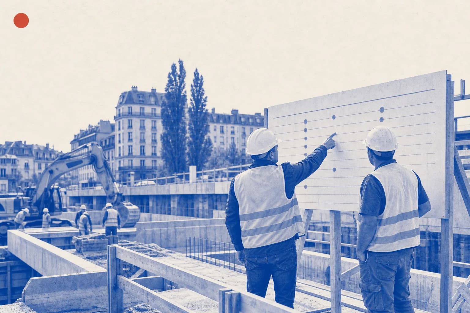 Editorial illustration of The physical progress board at the construction site, showing marked milestones and completion status without any readable text. for France recovery and r