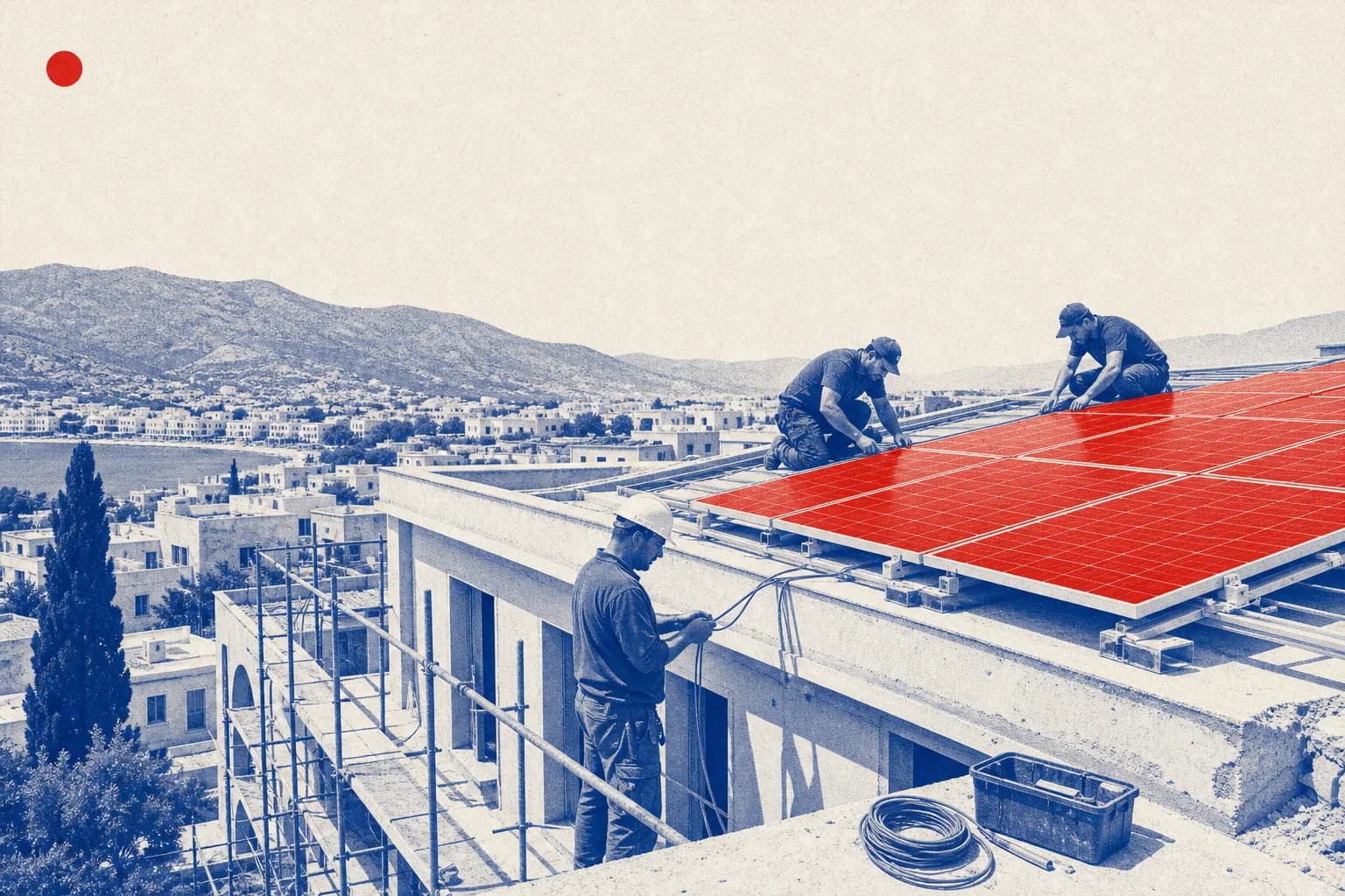 Editorial illustration of Rooftop solar panel array on a public building under renovation for Greek Recovery and Resilience Plan Implementing Decision