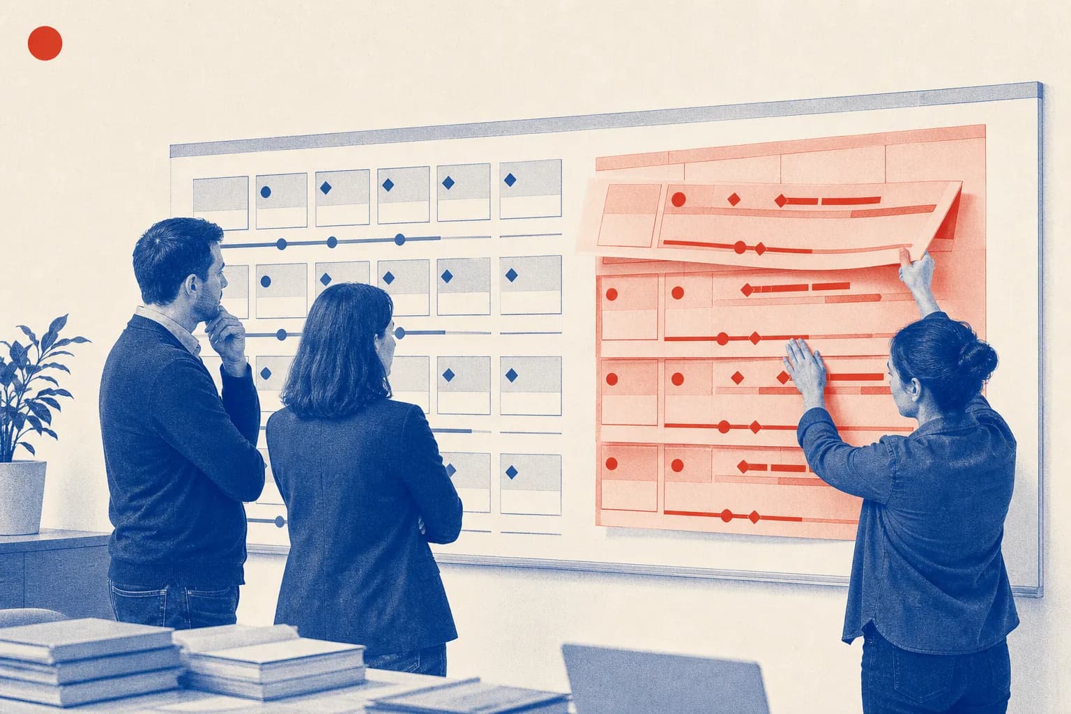 Editorial illustration of text-free wall-mounted recovery-plan timeline board for Council Implementing Decision on Bulgaria’s Recovery Plan
