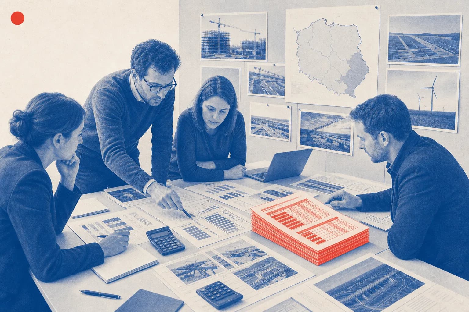 Editorial illustration of Red-marked project sheets showing updated milestones and funding allocations for Council Implementing Decision amending Poland’s recovery and resilience p