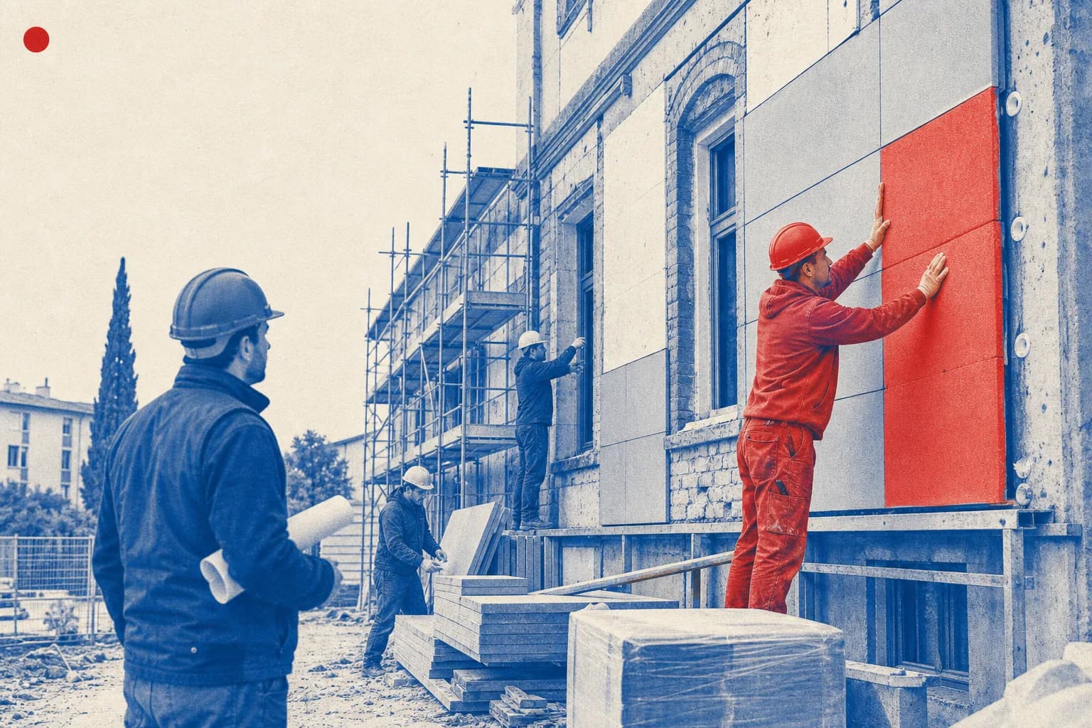 Editorial illustration of A renovation site for a public building with workers installing and revising energy-efficiency components. for Council Implementing Decision on Italy's re