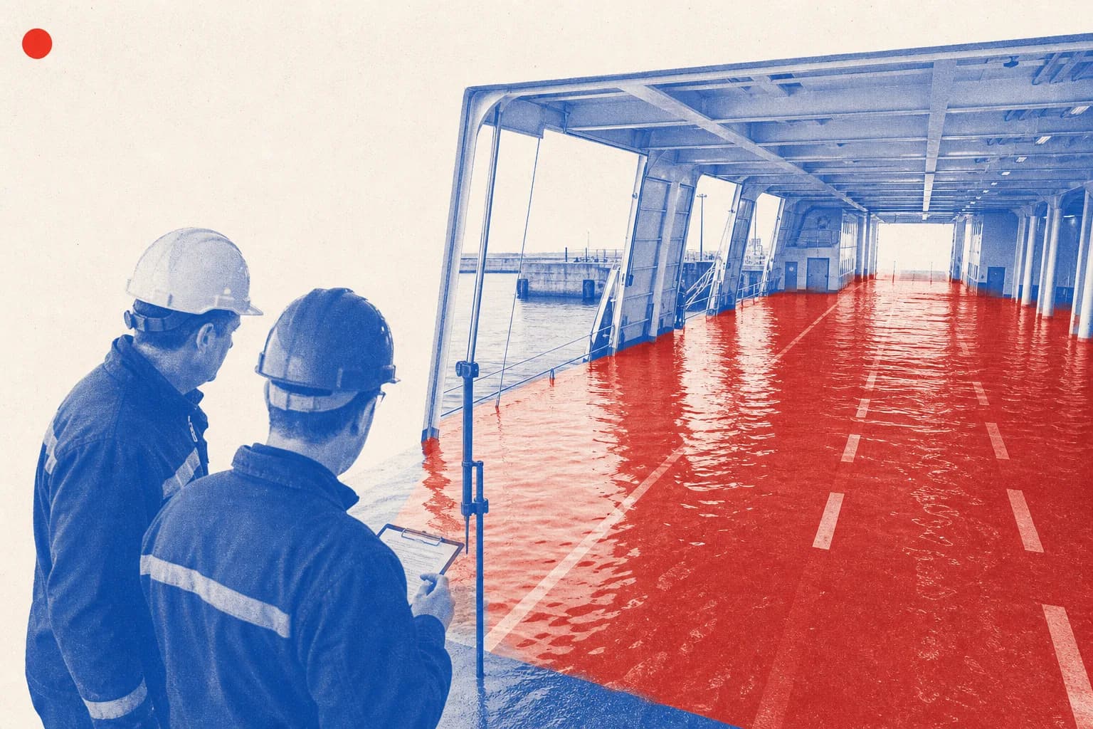 Editorial illustration of The flooded vehicle deck and ferry interior during a stability check for Directive on stability requirements for ro-ro passenger ships