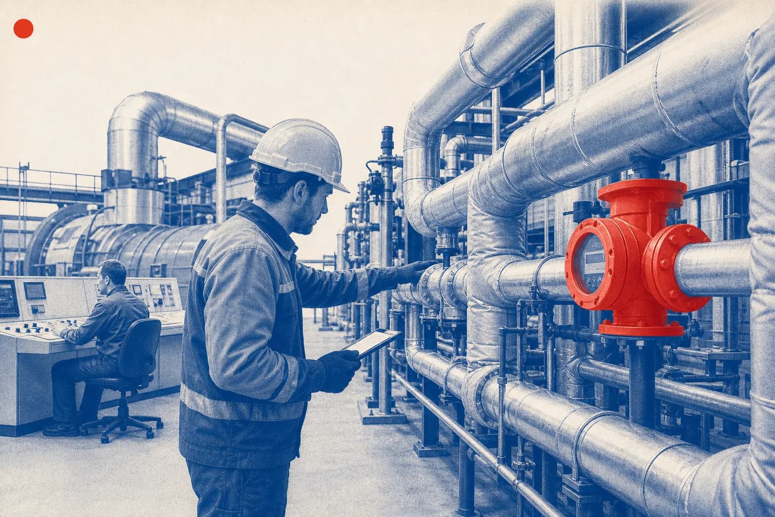 Editorial illustration of The heat and fuel infrastructure of an EU industrial installation, especially the metered pipework and process equipment inside a CHP plant. for EU Regula