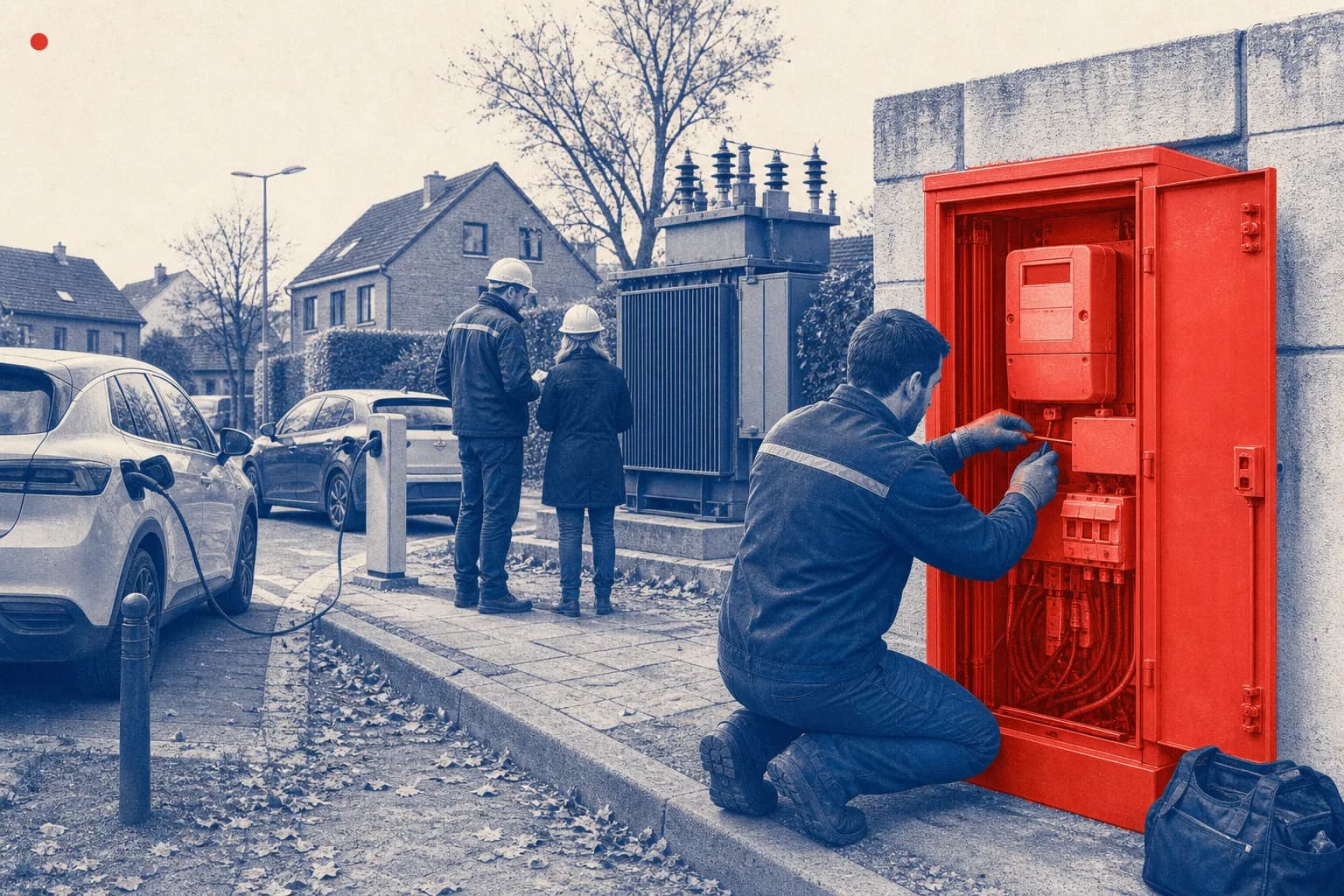 Editorial illustration of The open smart meter cabinet and adjacent low-voltage distribution equipment at the edge of the street. for EU Regulation on Electricity Bills and Electri