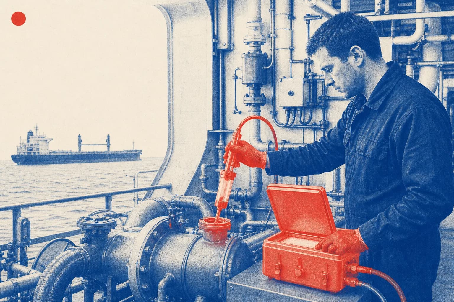 Editorial illustration of The ship’s fuel measurement and monitoring setup, including the bunkering equipment, sampling point, and emissions-data recording apparatus. for EU rules