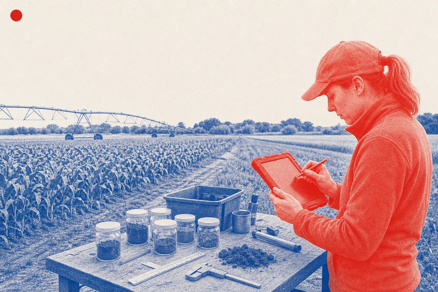 Editorial illustration of The field sampling and data-recording setup used to gather farm sustainability indicators. for Farm Sustainability Data Network Regulation (codification)